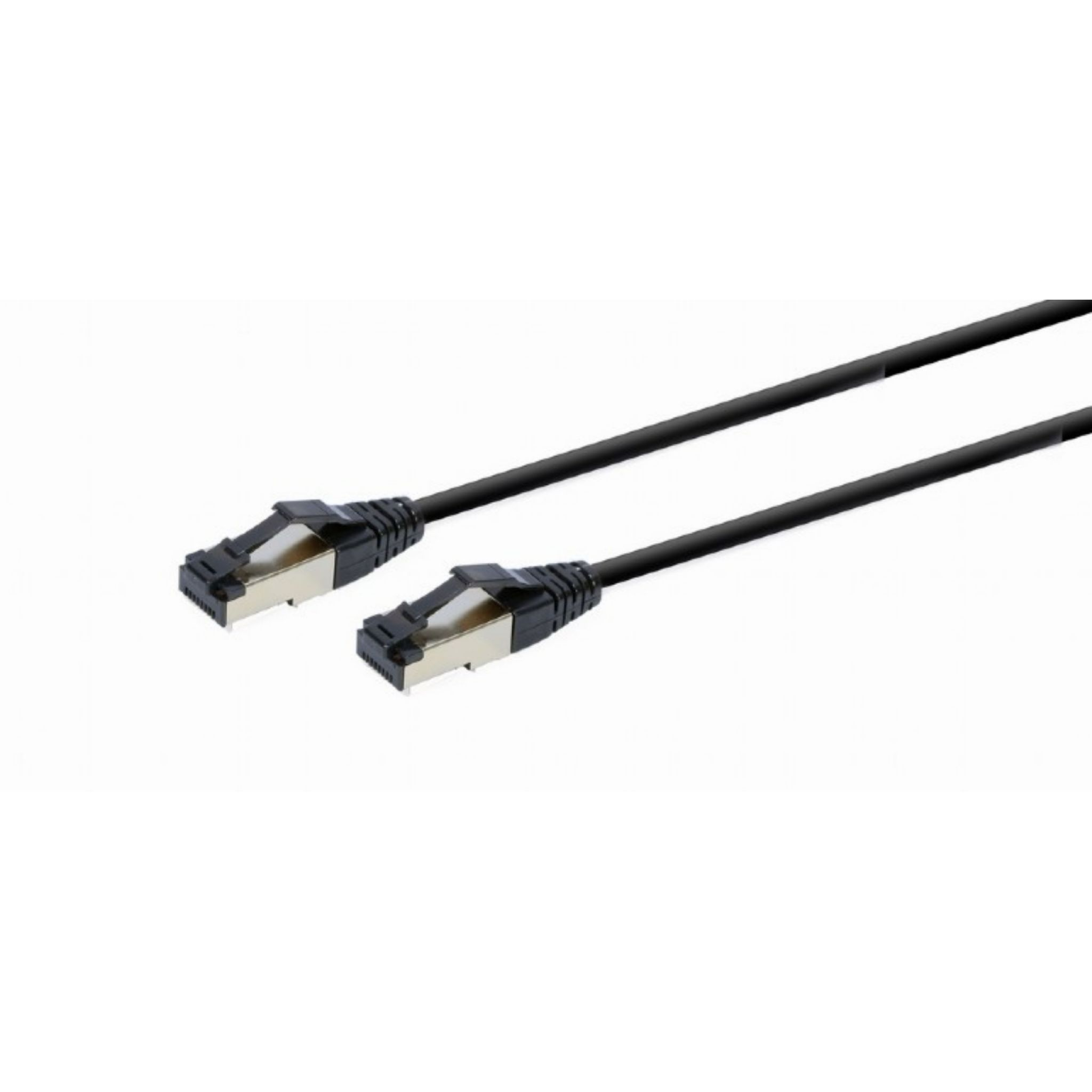 Dwa czarne kable ethernet z czarno-srebrnymi złączami, na białym tle.