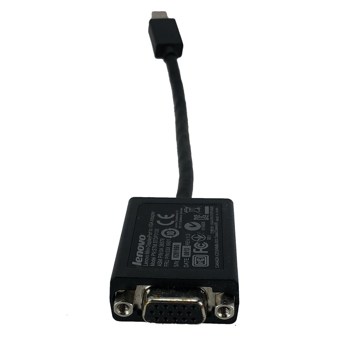 Adattatore nero Lenovo Mini DisplayPort a VGA con connettori ed etichette sul retro.