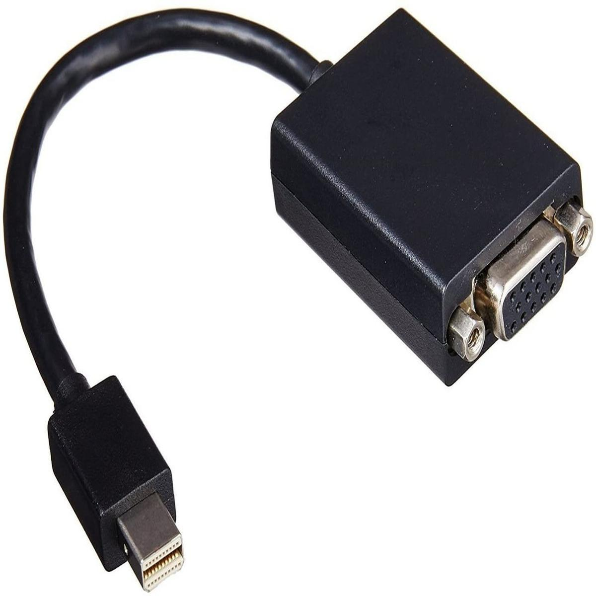 Adattatore nero con connettore VGA e mini DisplayPort, collegati da un cavo nero.