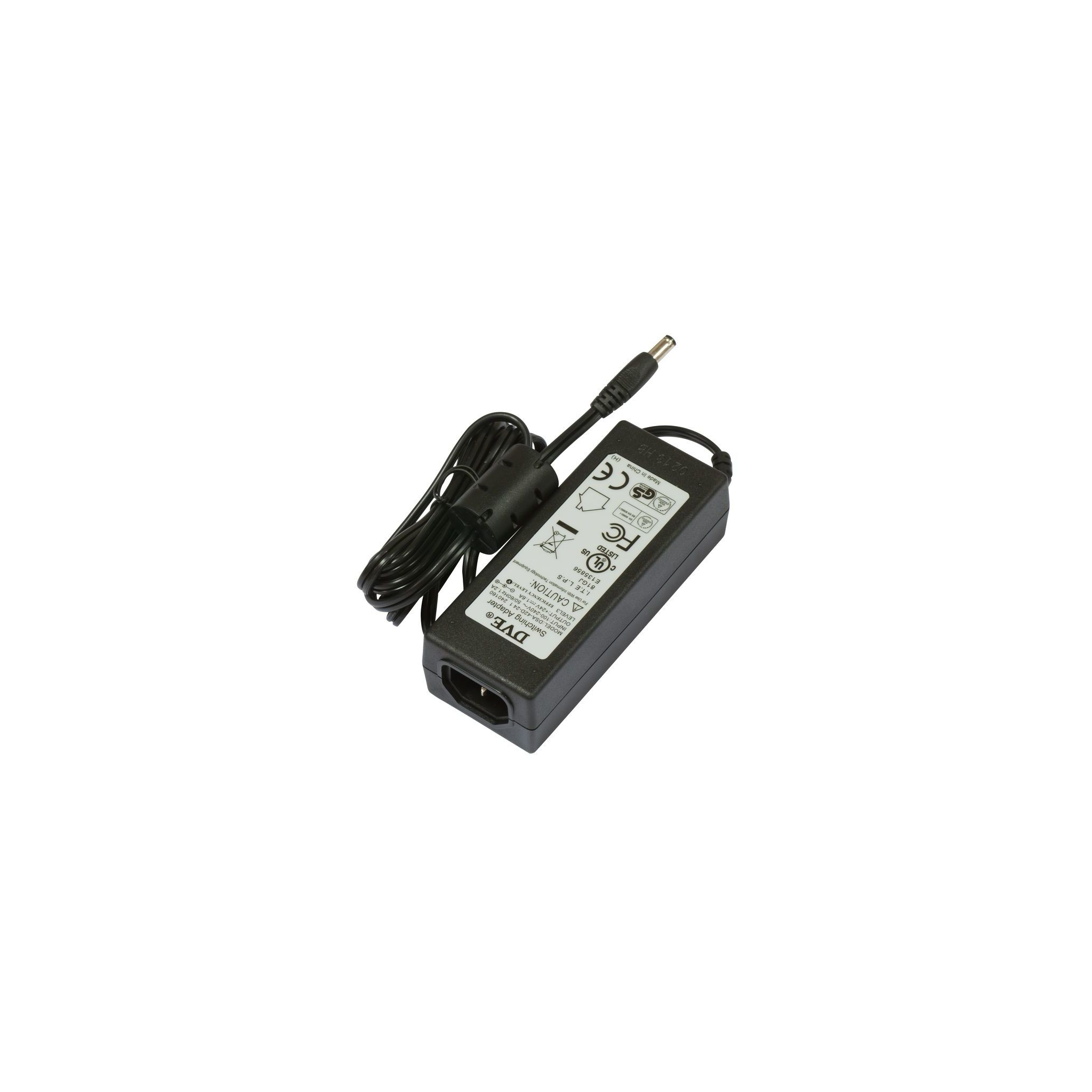 Un adaptador de corriente negro con cable negro, aislado sobre fondo blanco.