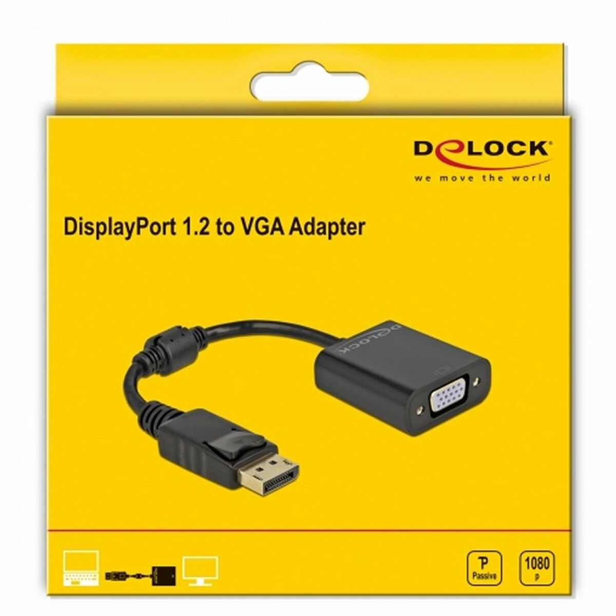 Una caja amarilla y blanca con un adaptador DisplayPort a VGA y el logo de DELOCK.