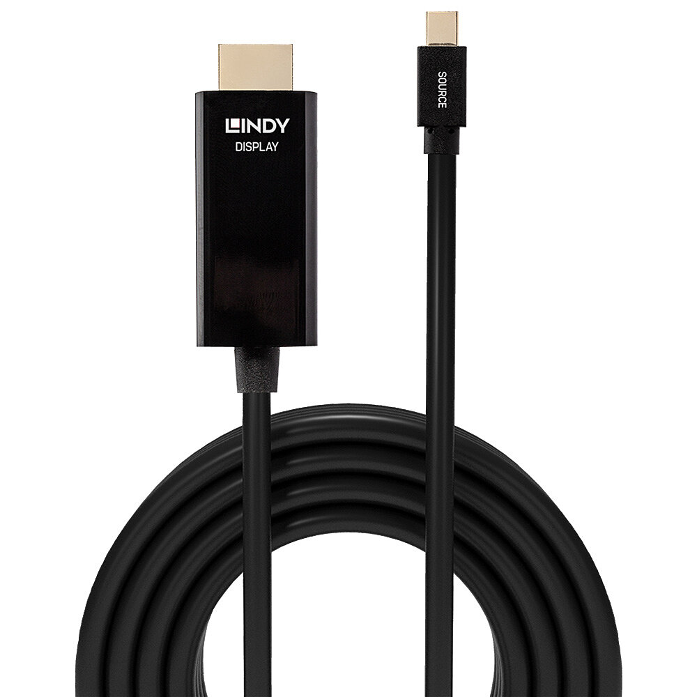 Un cable HDMI a USB-C negro con un conector rectangular negro etiquetado 'LINDY DISPLAY' y 'SOURCE'.