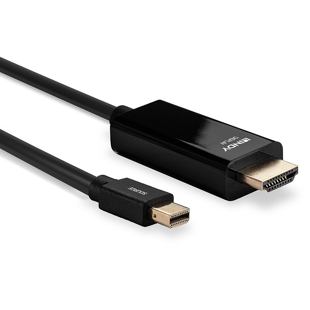 Un cable negro HDMI a mini-DisplayPort, conectores negros, aislado sobre blanco.