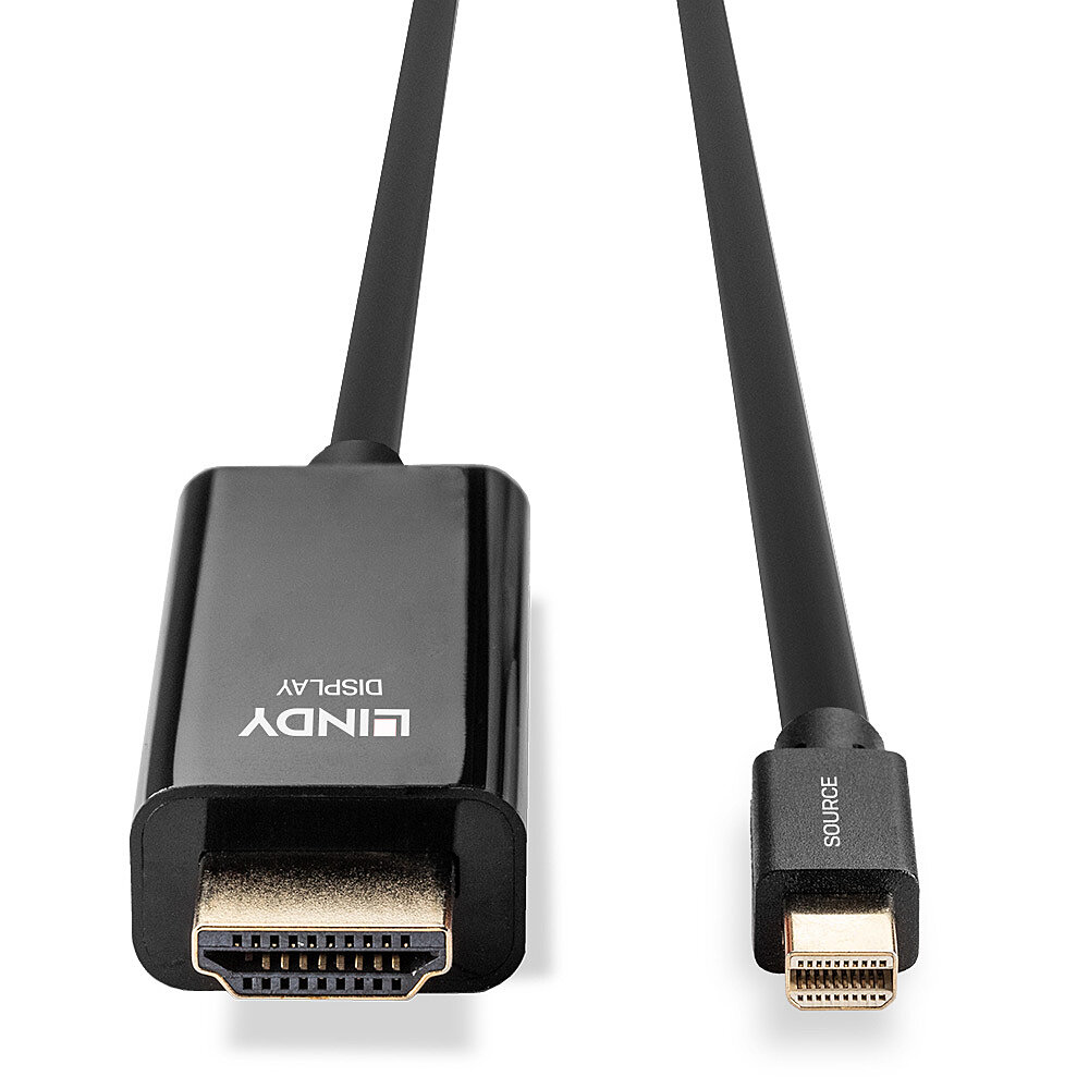 Un cable negro HDMI a mini-DisplayPort sobre un fondo blanco.