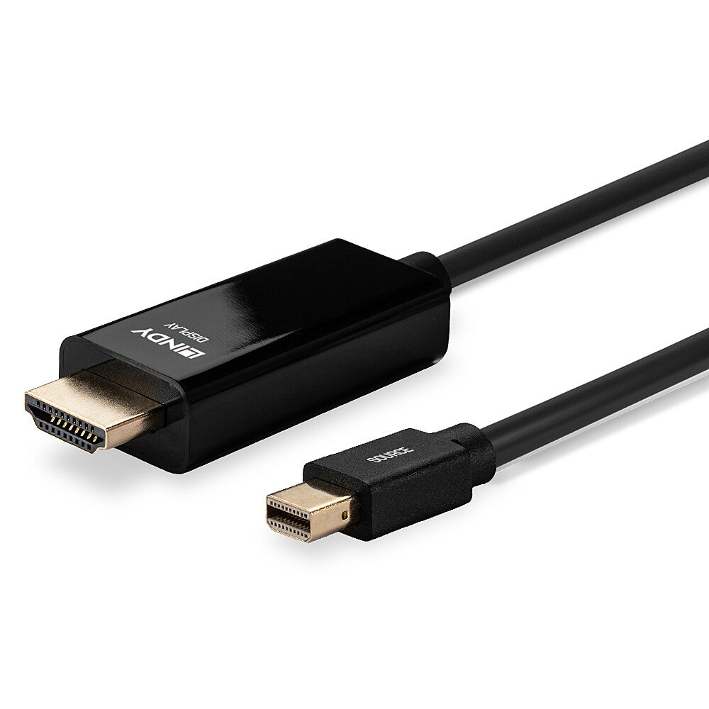 Un cable negro HDMI a mini-DisplayPort sobre un fondo blanco.