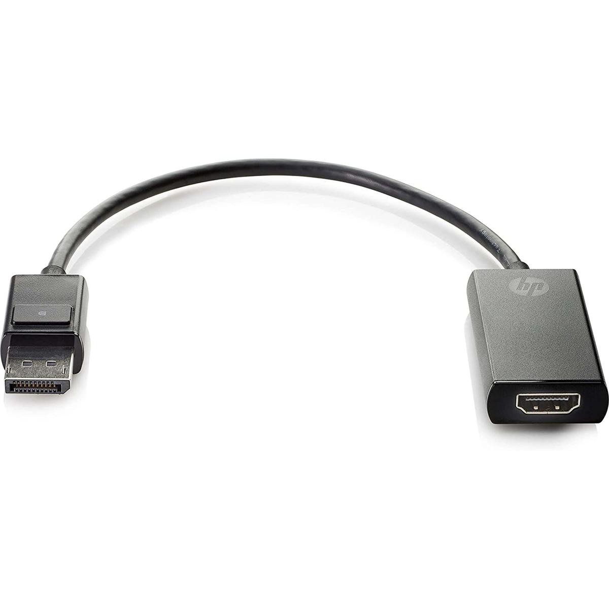 Een zwarte HP adapter met DisplayPort- en HDMI-aansluiting, verbonden met een zwarte kabel.