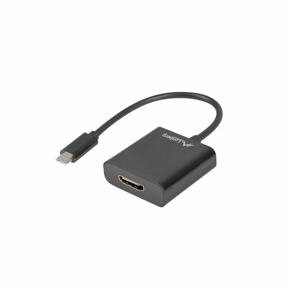 Adattatore nero con USB-C e connettore HDMI e un cavo corto.