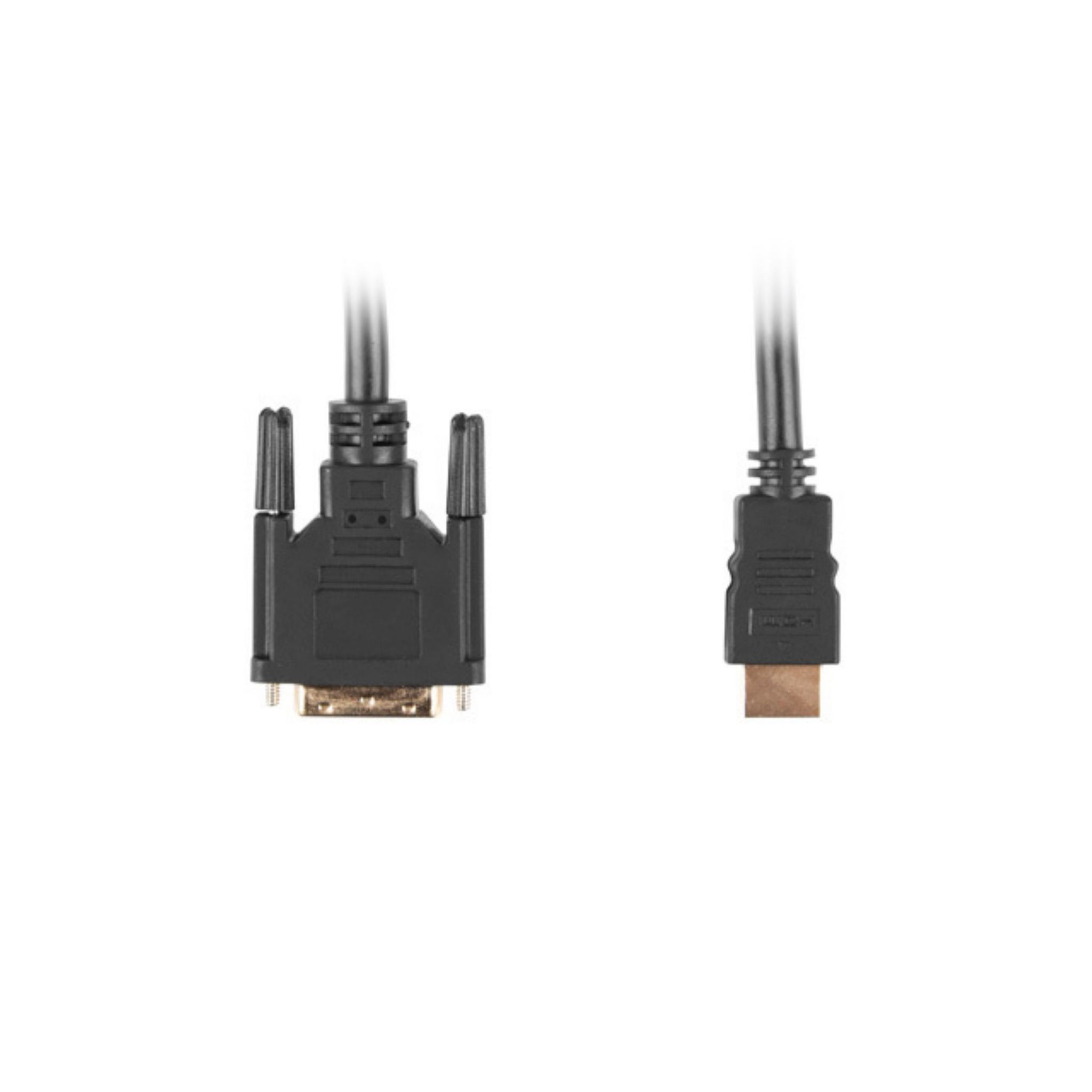 Un cavo HDMI a DVI nero e grigio con connettori rivolti l'uno verso l'altro.