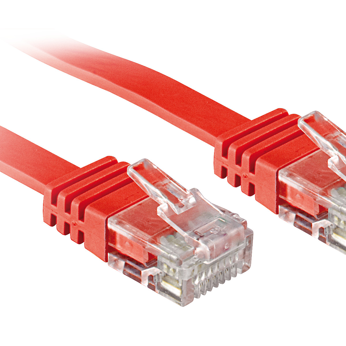Zbliżenie dwóch czerwonych kabli Ethernet z przezroczystymi złączami RJ45.