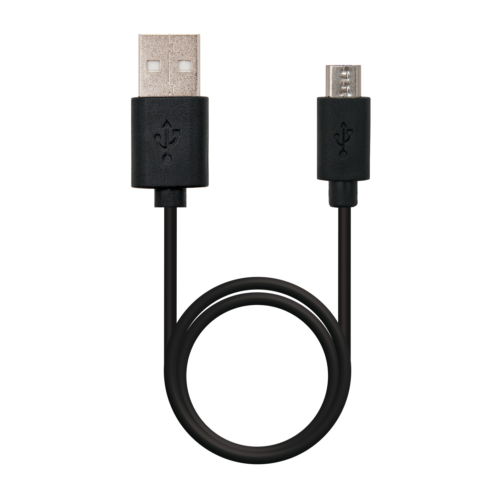 Cable USB negro con un conector USB y un conector micro USB sobre un fondo blanco. El cable está enrollado.