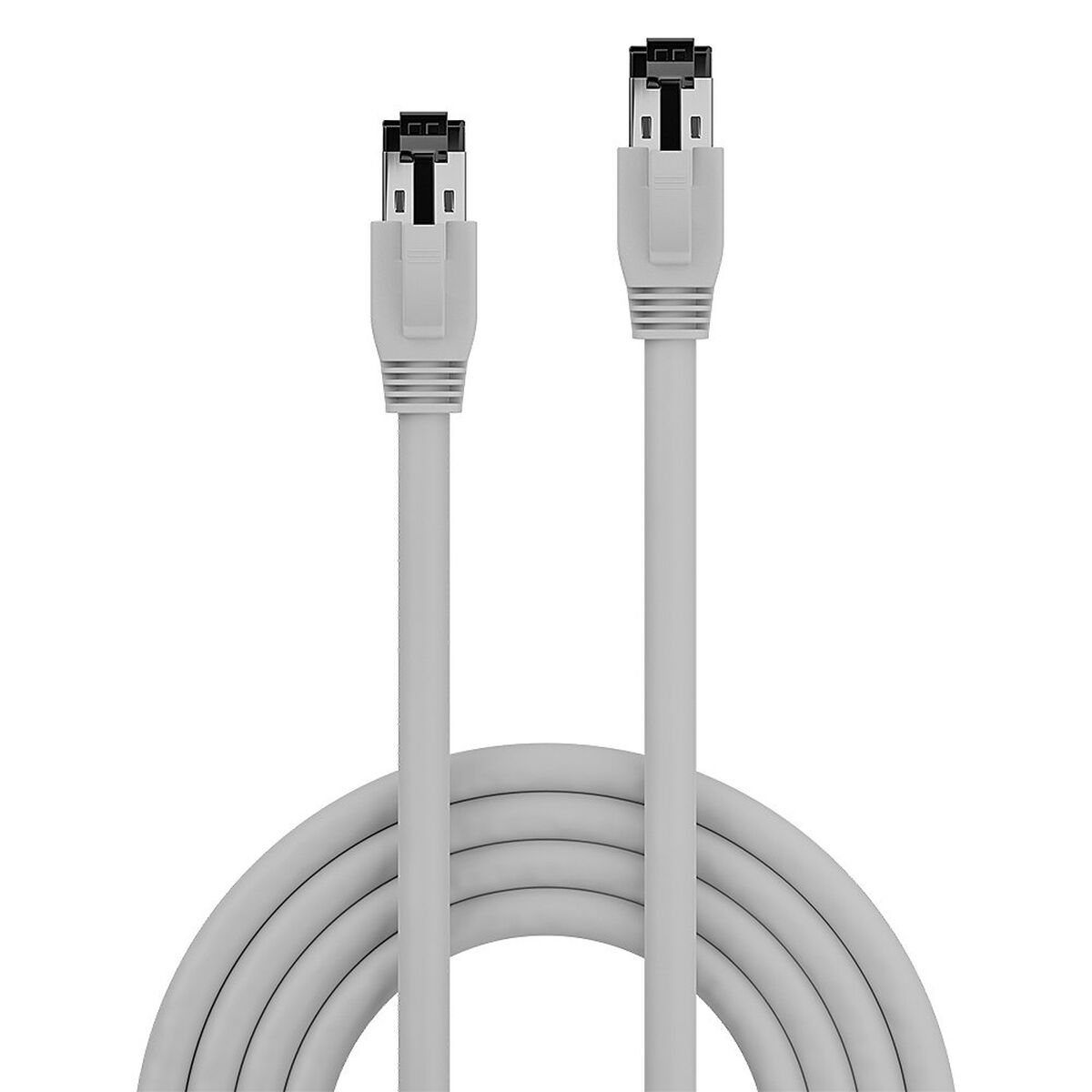 Dos conectores de cable Ethernet gris claro conectados a cables grises. Los cables están en un bucle.