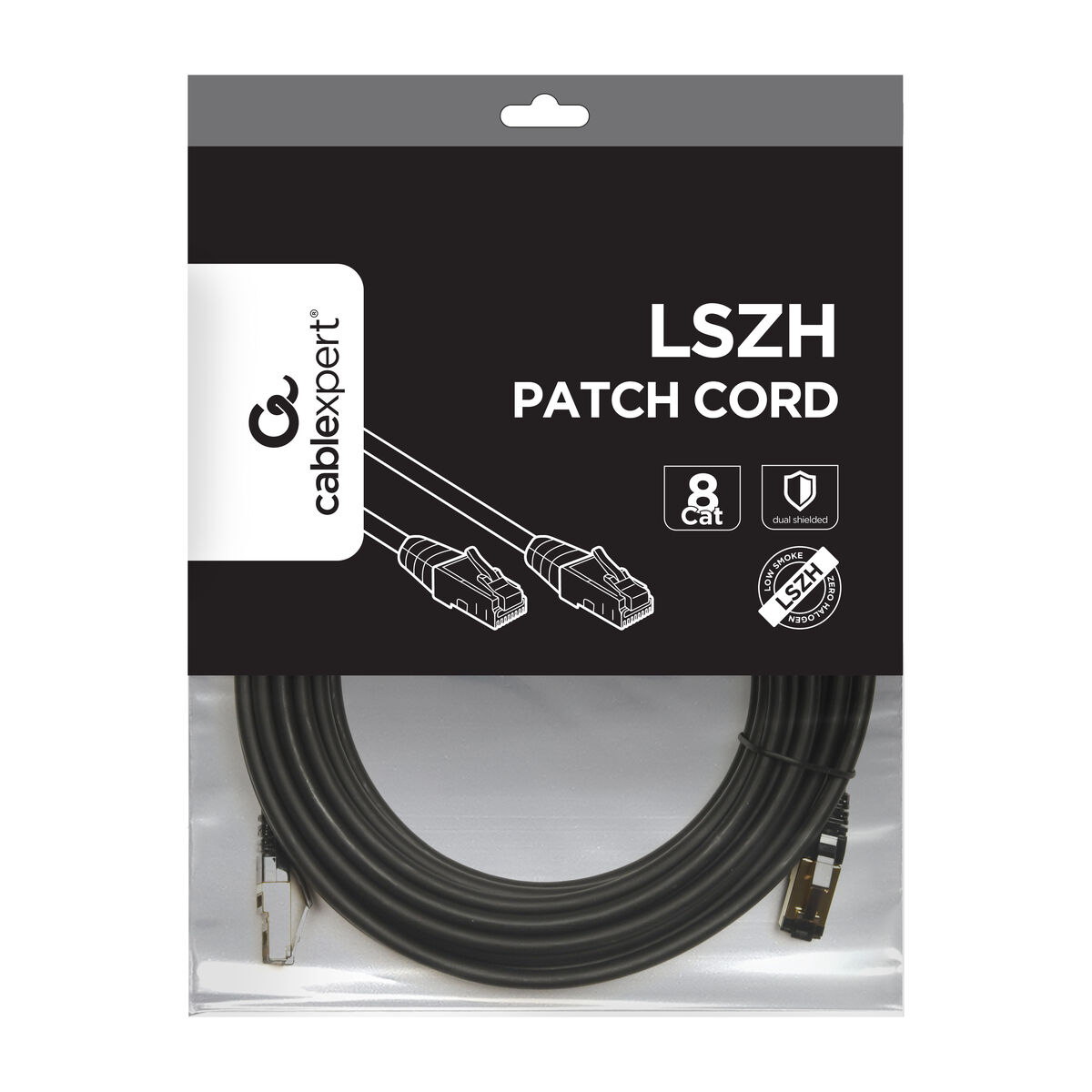 Czarny kabel krosowy w przezroczystym plastikowym opakowaniu. Tekst: 'LSZH PATCH CORD'.