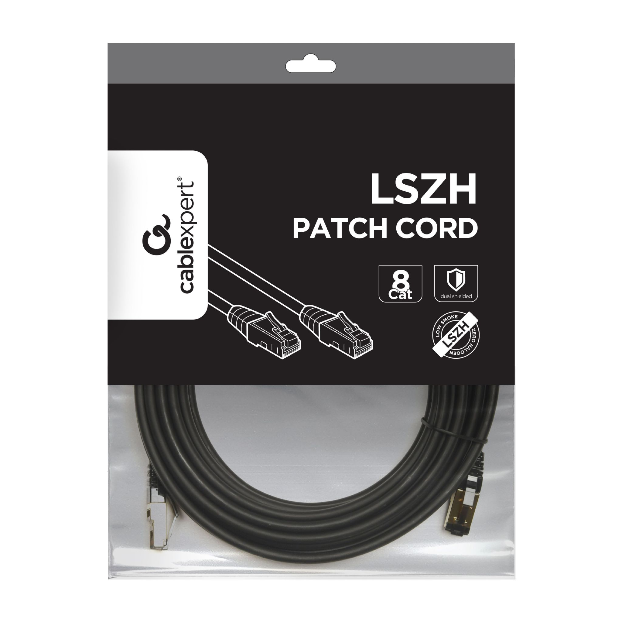 Czarny kabel krosowy w przezroczystym opakowaniu z marką.