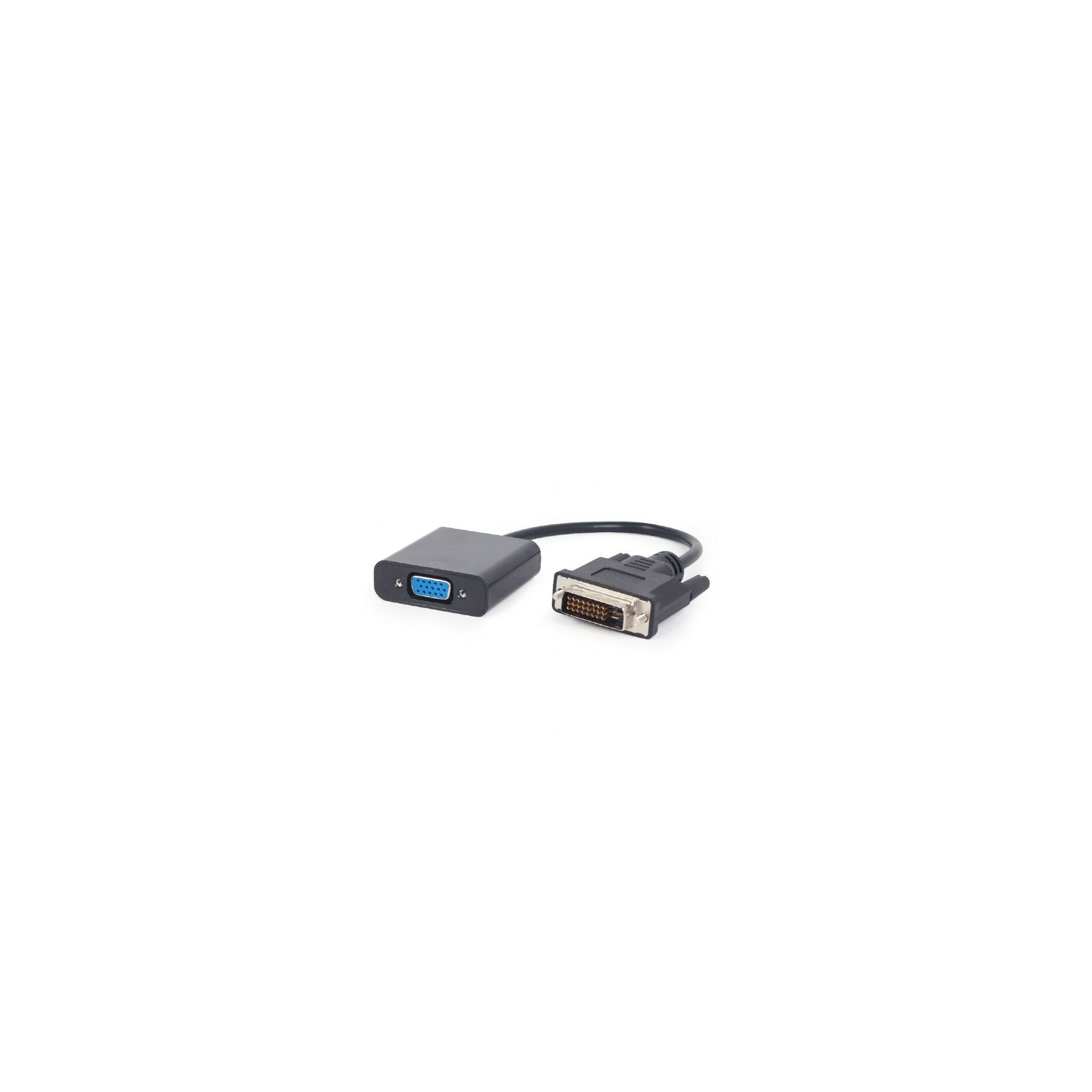 Un adaptador negro con un conector VGA en un extremo y un conector DVI en el otro.