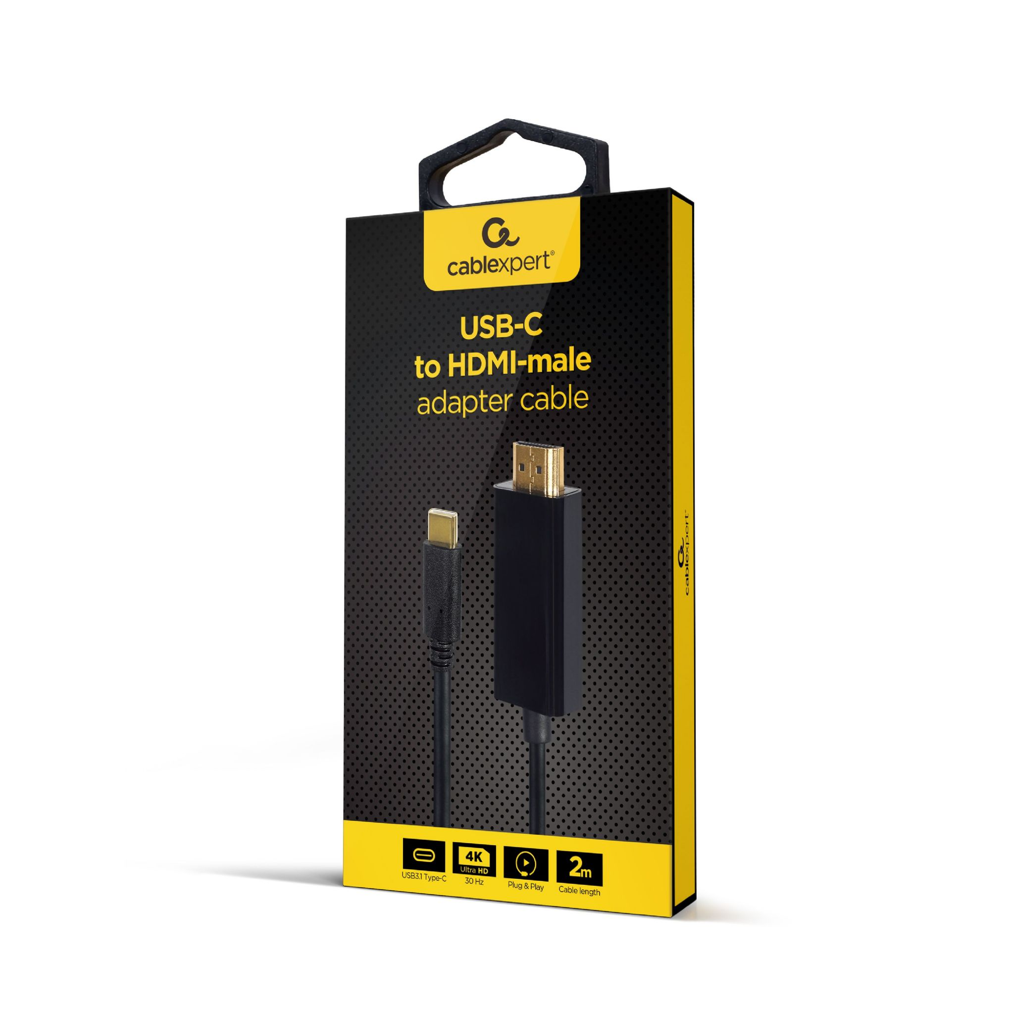 Boîte noire et jaune avec un câble adaptateur USB-C vers HDMI. Fond blanc.