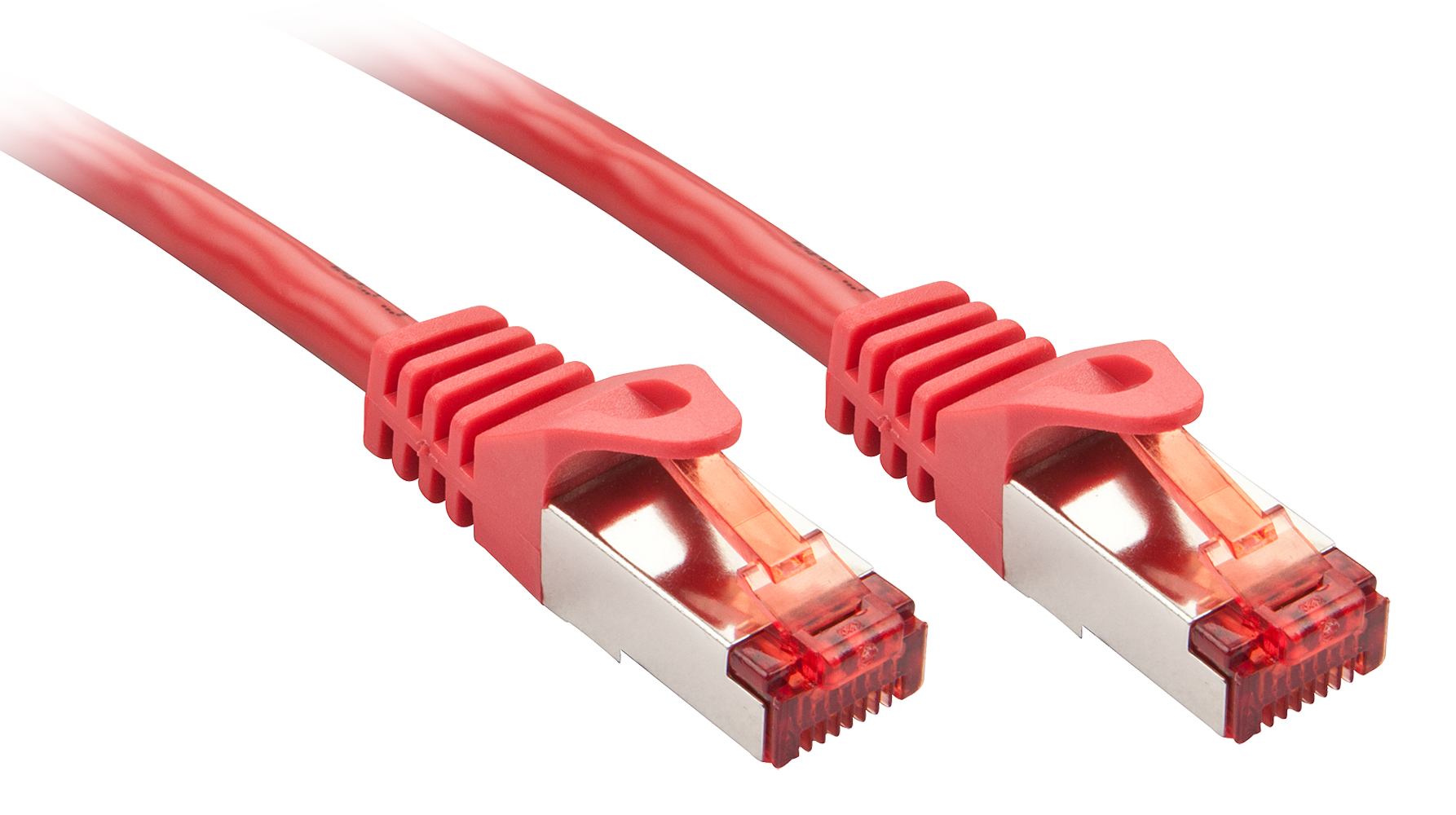 Dwa czerwone kable Ethernet, każdy ze złączami.