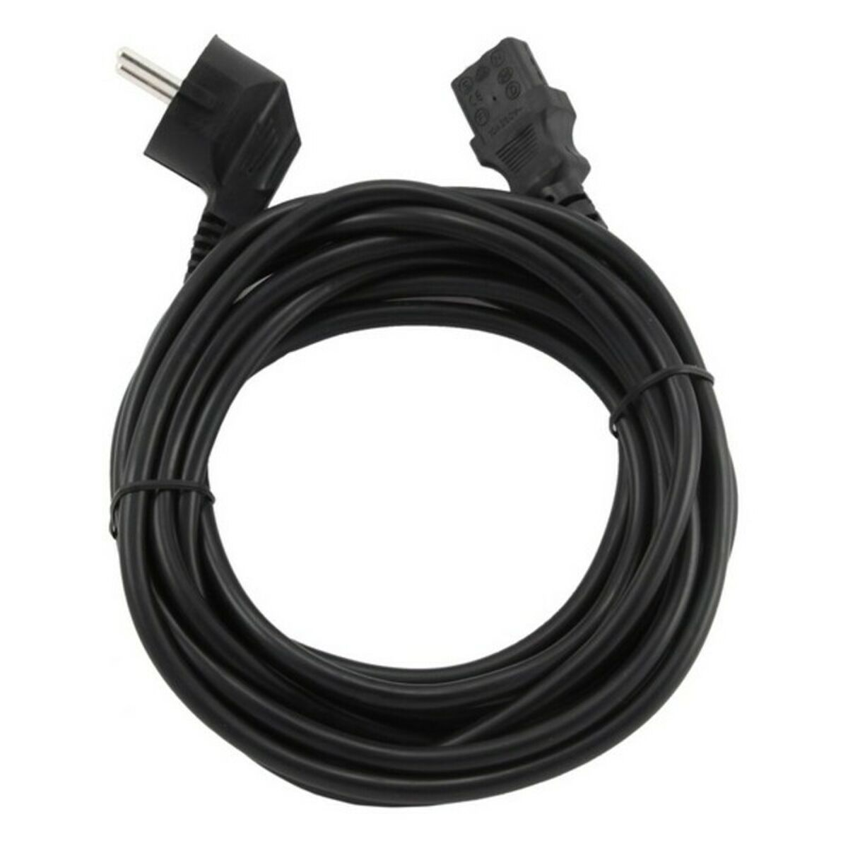 Un cable de alimentación negro con enchufe de dos clavijas y conector C13, enrollado.