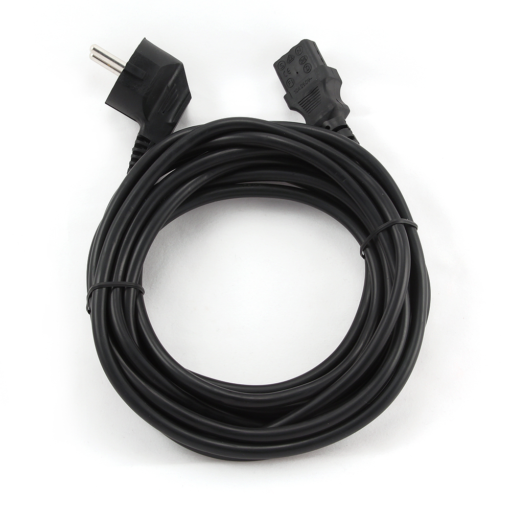 Un cable de alimentación negro con enchufe de dos clavijas y conector C13, enrollado.