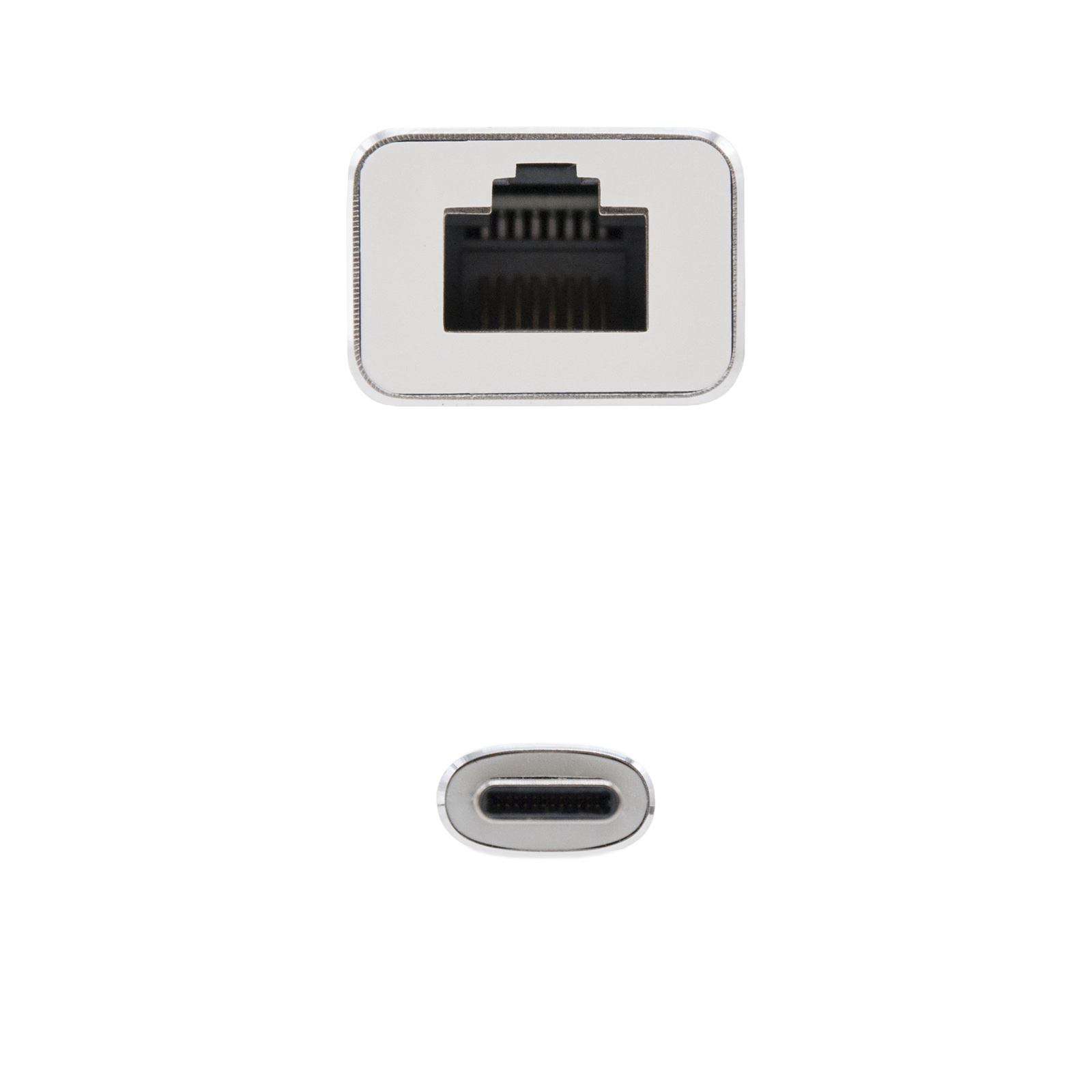 Dos adaptadores: uno con puerto Ethernet, otro con puerto USB-C. Fondo blanco.