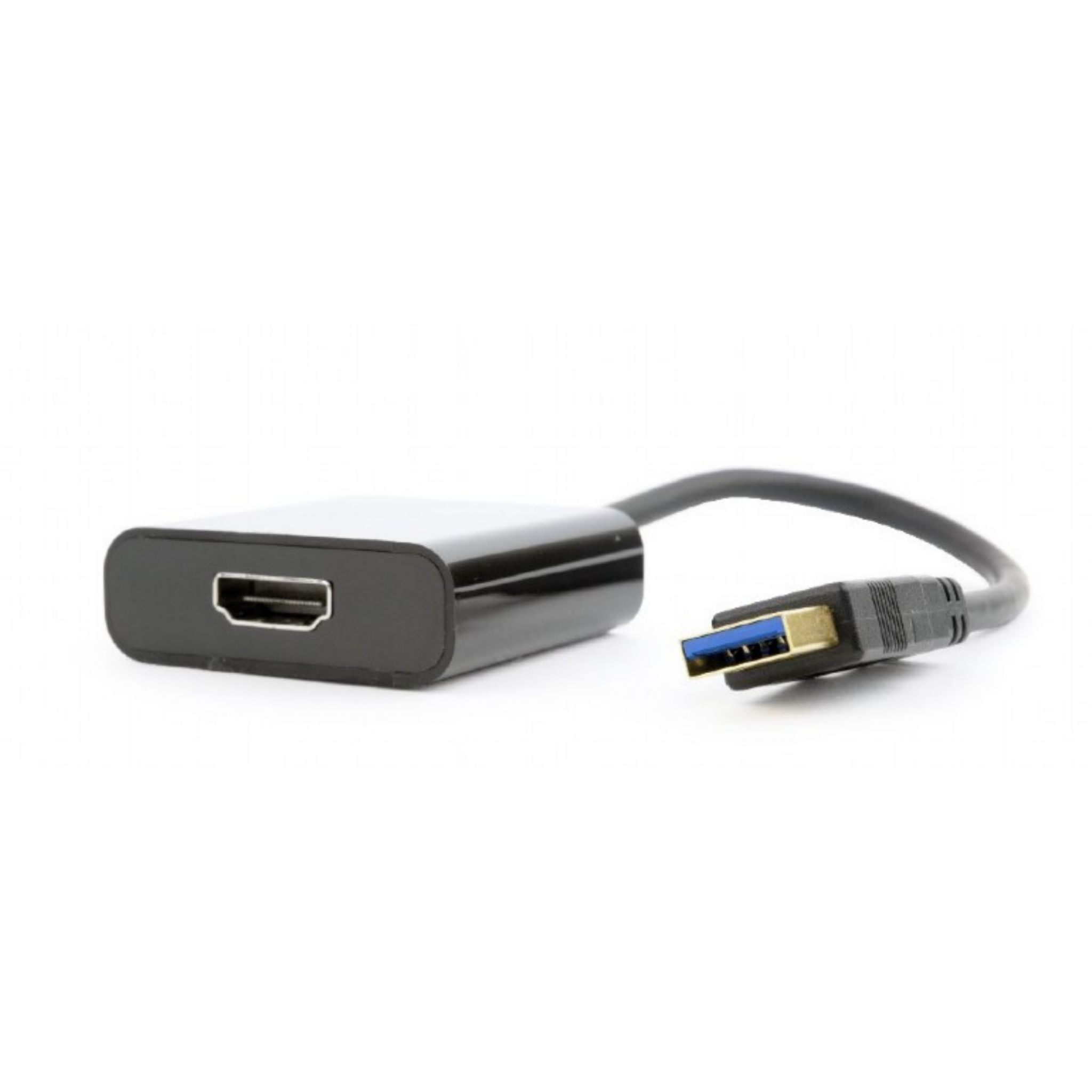 Un cable adaptador de HDMI a USB, con un adaptador y cable negros, sobre fondo blanco.