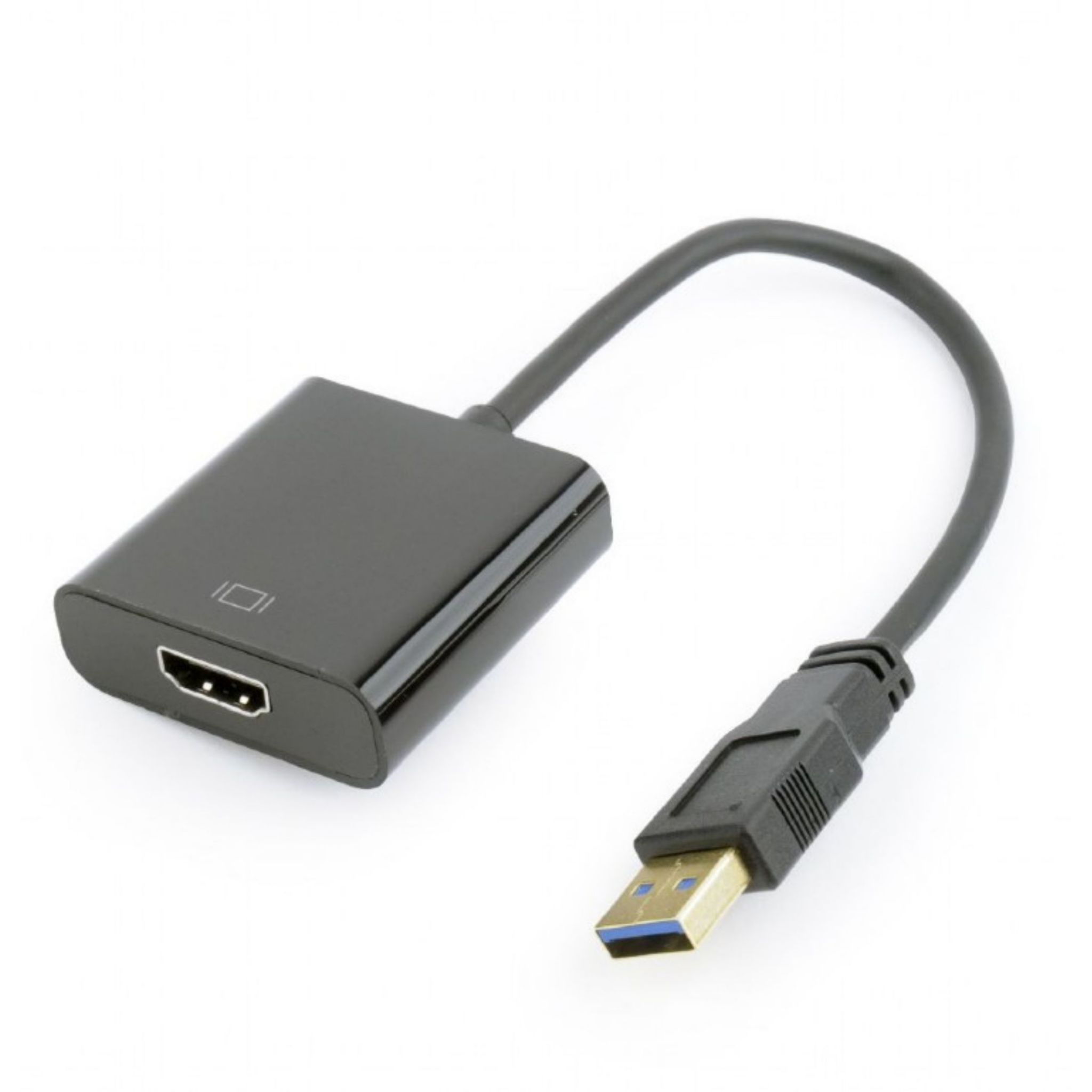 Un adaptador negro con conectores HDMI y USB-A. Está sobre un fondo blanco.