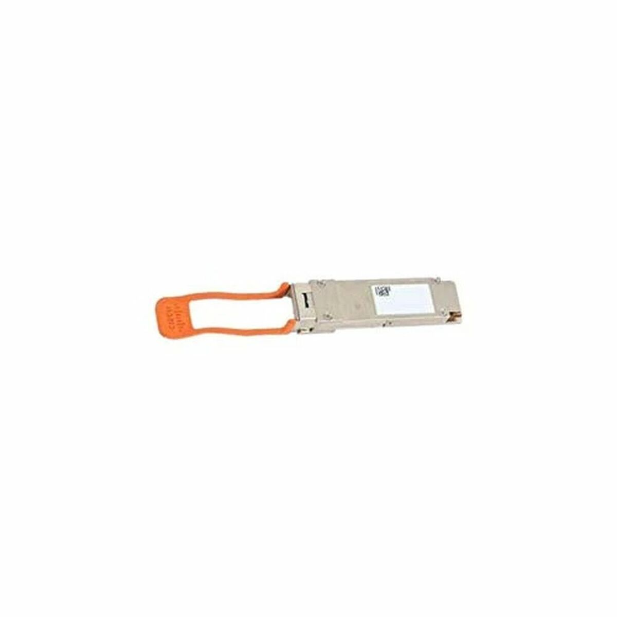 Un componente de computadora naranja y plateado se muestra aislado sobre fondo blanco.