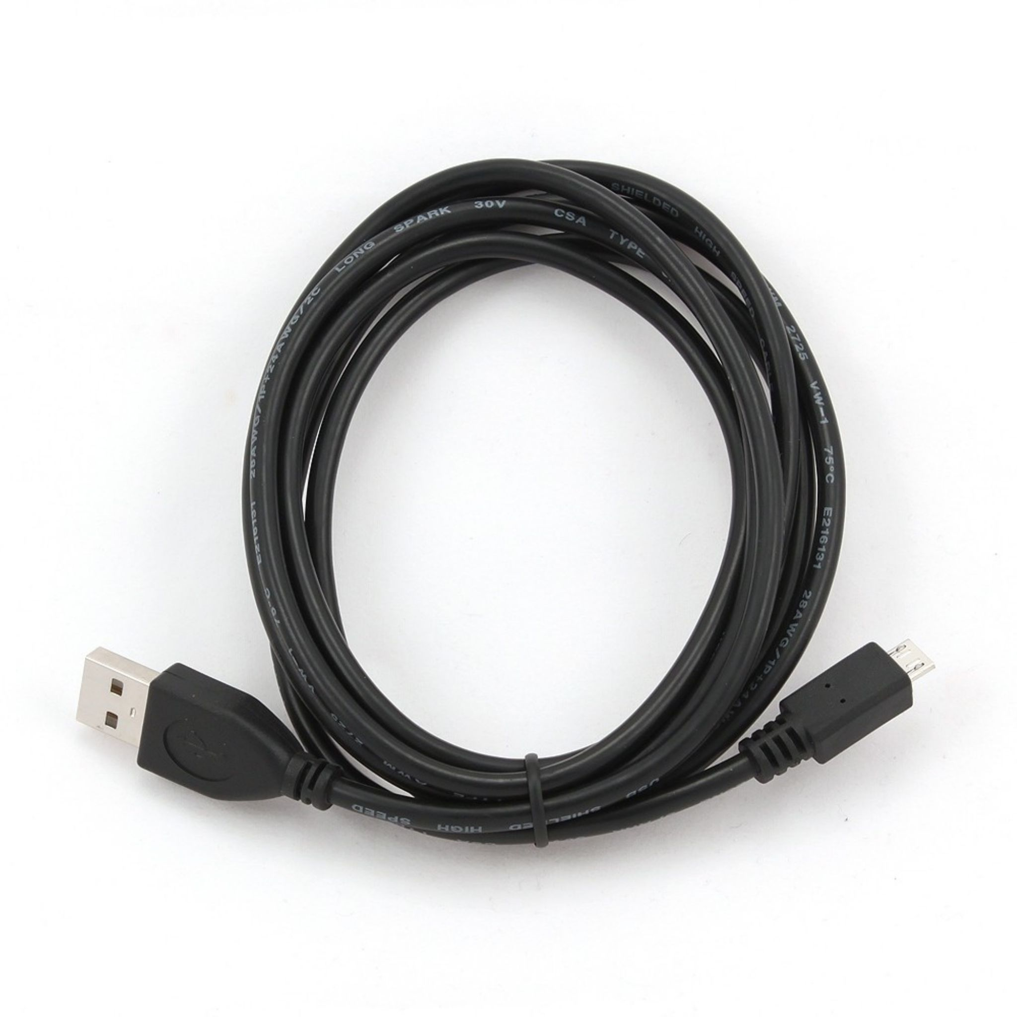 Cavo USB nero con connettori USB-A e micro-USB su sfondo bianco.