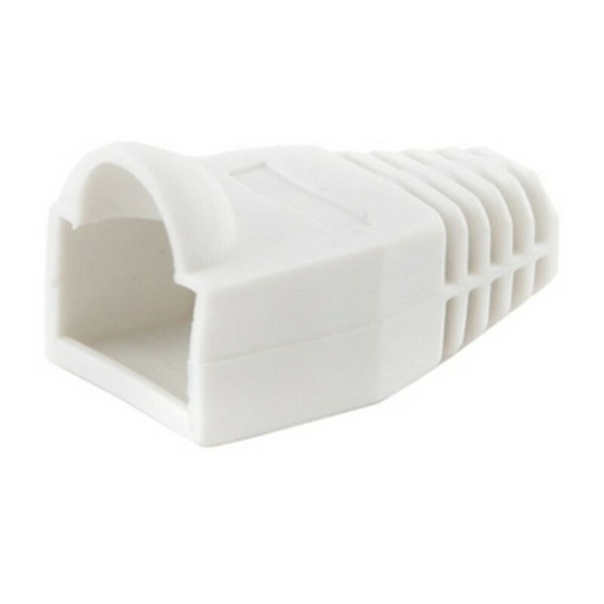 Una bota de conector RJ45 de plástico blanco. Abierta en un extremo y acanalada en el otro.