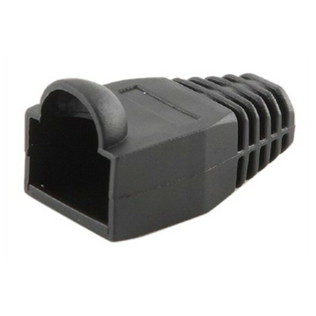 Cubierta de conector RJ45 de plástico negro con asa en la parte superior y crestas laterales.