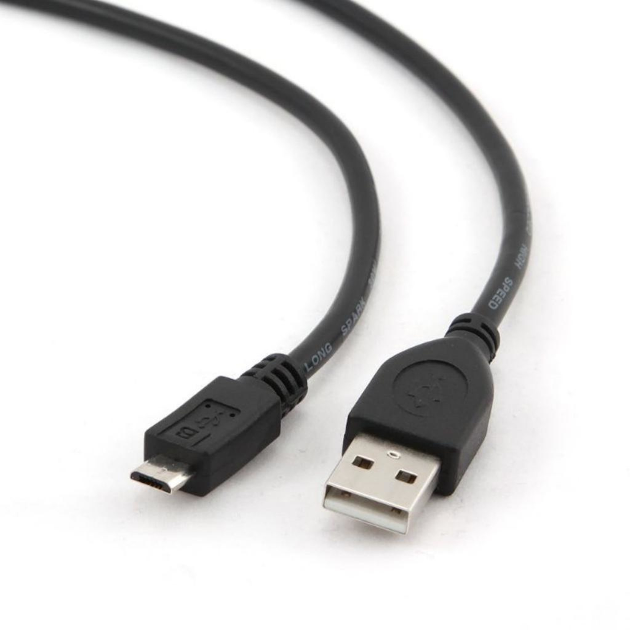 Cavo USB nero con connettori USB-A e micro-USB.