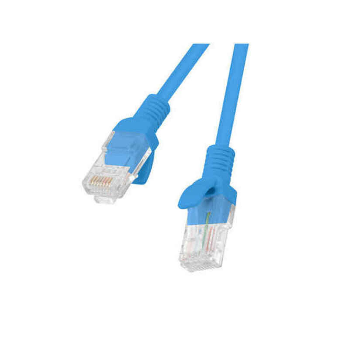 Cavo di rete blu con due connettori su sfondo bianco.