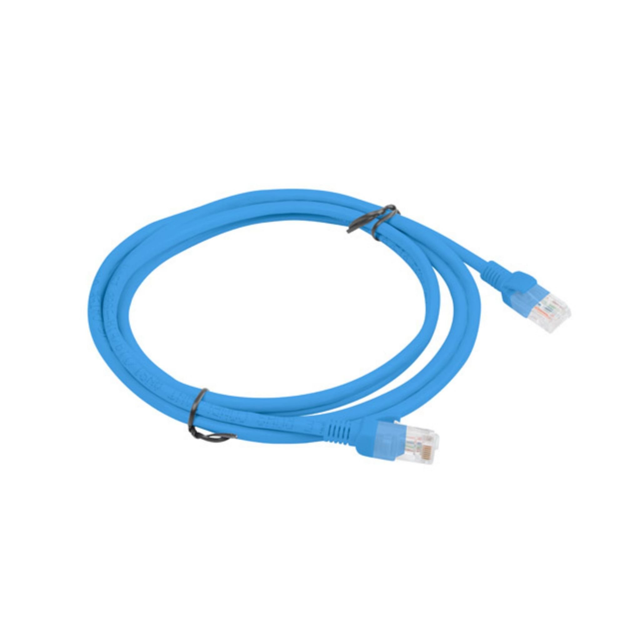 Cavo di rete blu con due connettori su sfondo bianco.