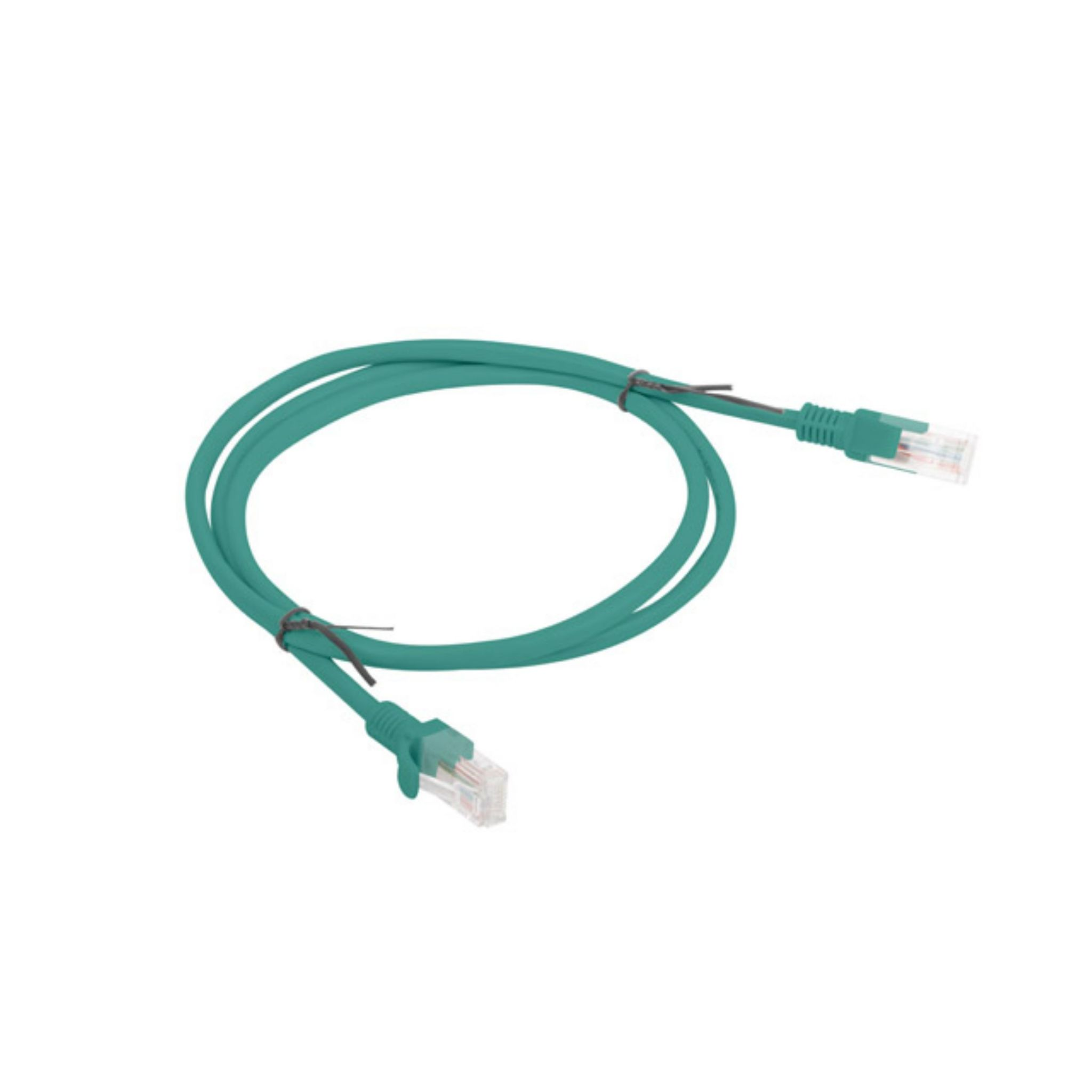 Câble Ethernet sarcelle avec connecteurs RJ45 transparents, courbé, sur fond blanc.