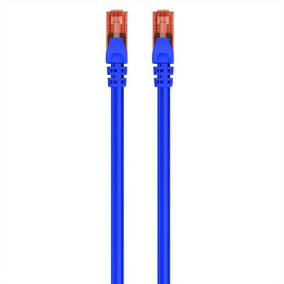 Blue Ethernet cable with orange RJ45 connectors, on a white background.