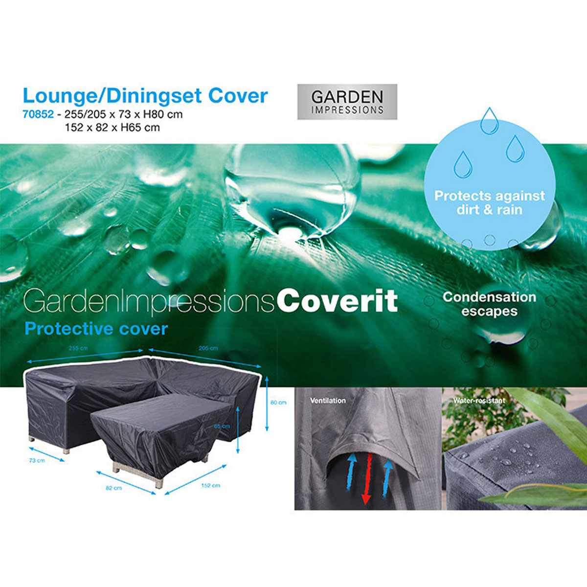 Black outdoor furniture cover with text and dimensions displayed.