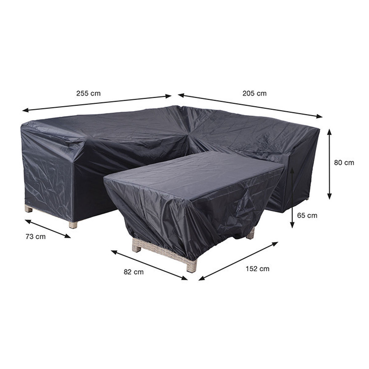 A black outdoor furniture set cover. The set is covered and dimensions shown on a white background.