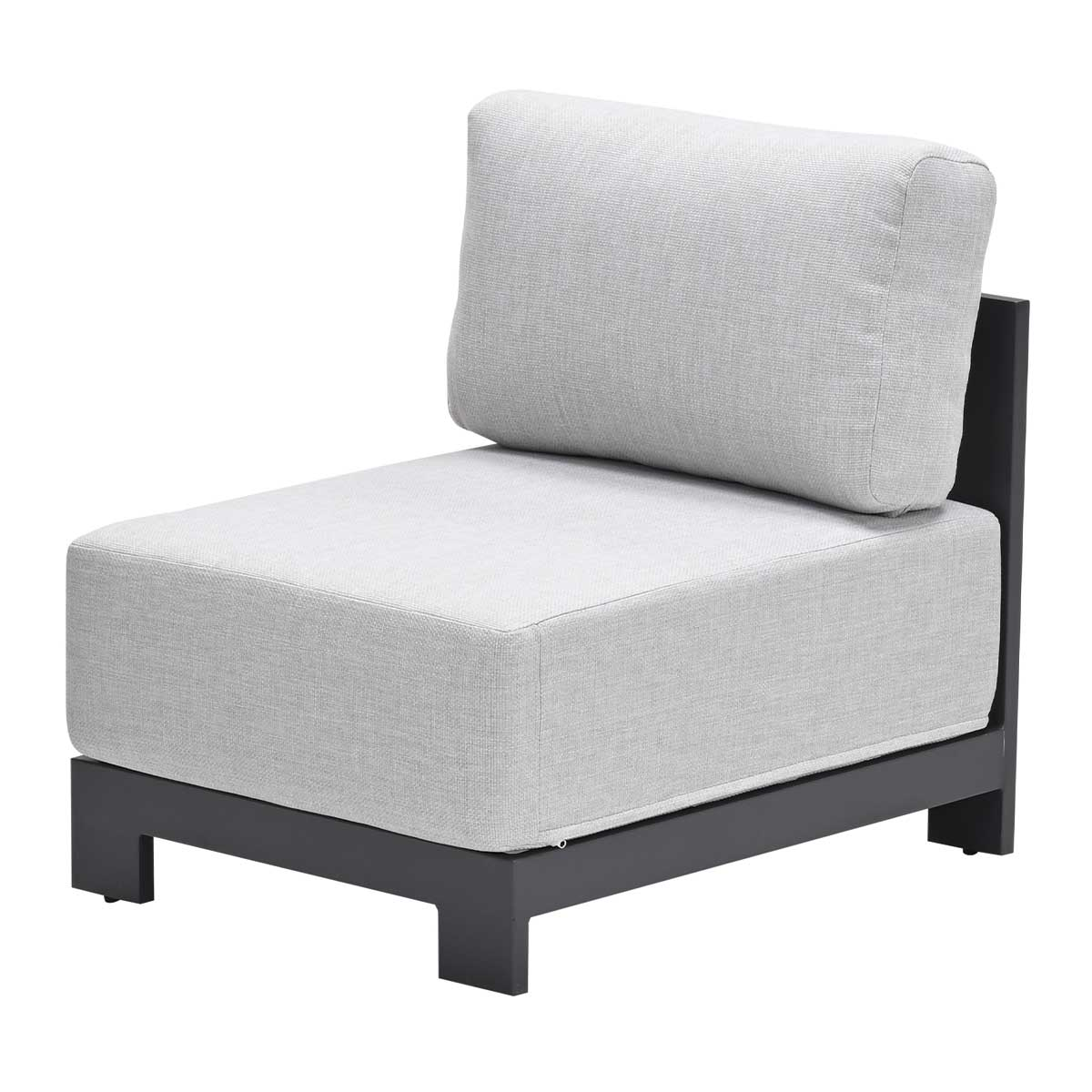 A gray cushioned chair with a dark frame. The chair is on a white background, angled view.