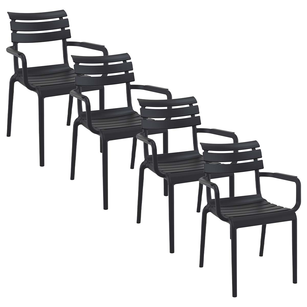 Vier zwarte stoelen op een rij, schuin, witte achtergrond.
