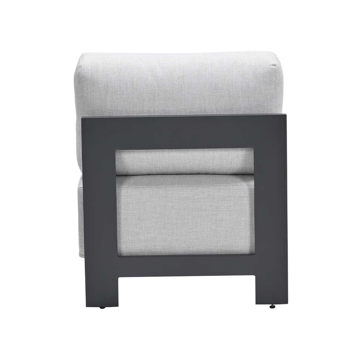 A gray cushioned chair with a dark frame. The chair is on a white background, view is from the back.