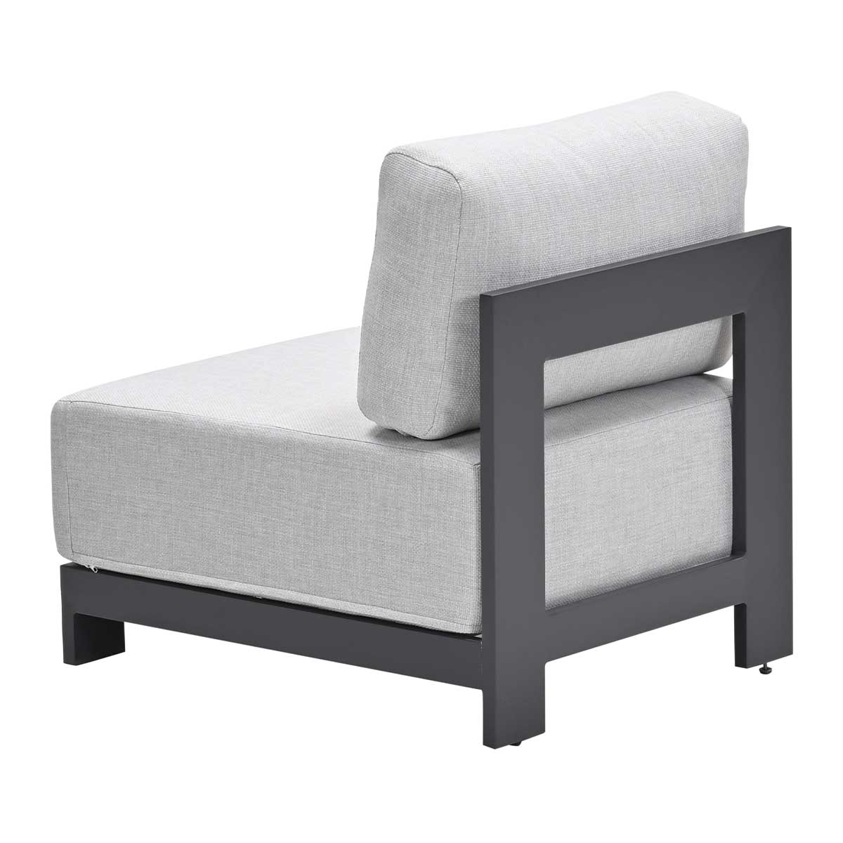 A gray outdoor chair with a metal frame and fabric cushions, seen from the side against a white background.