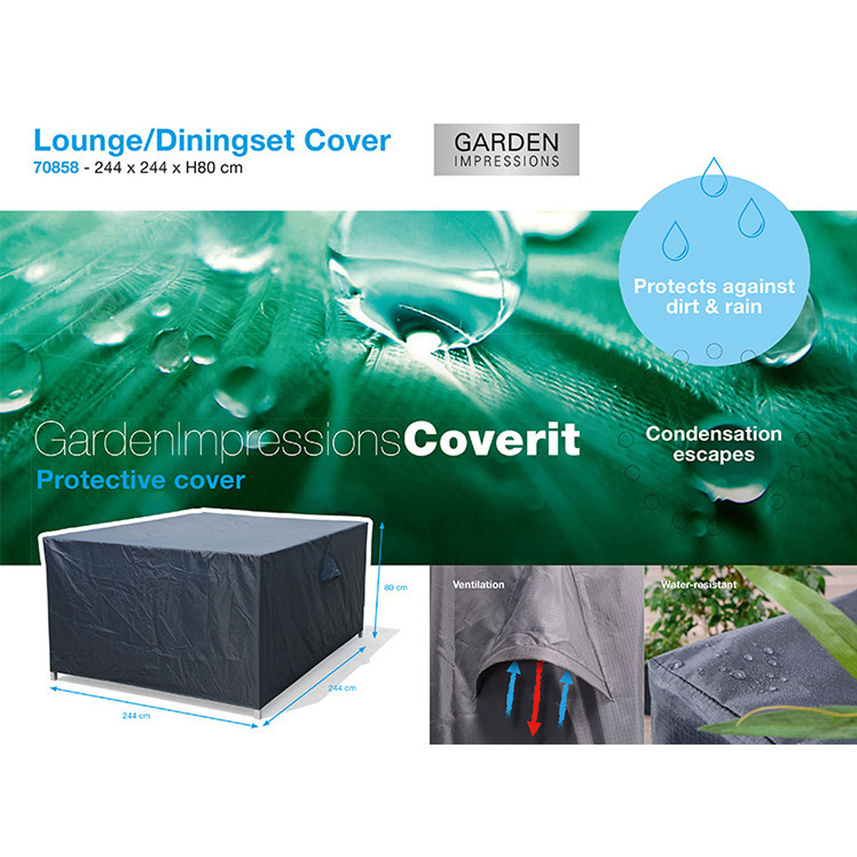 A black outdoor furniture cover with dimensions and text on a white background. The cover is folded.