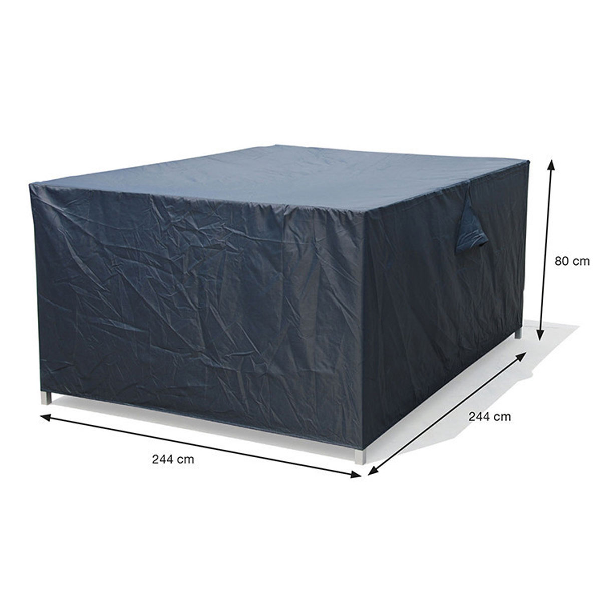 Dark gray outdoor furniture cover on a white background with dimensions labeled.