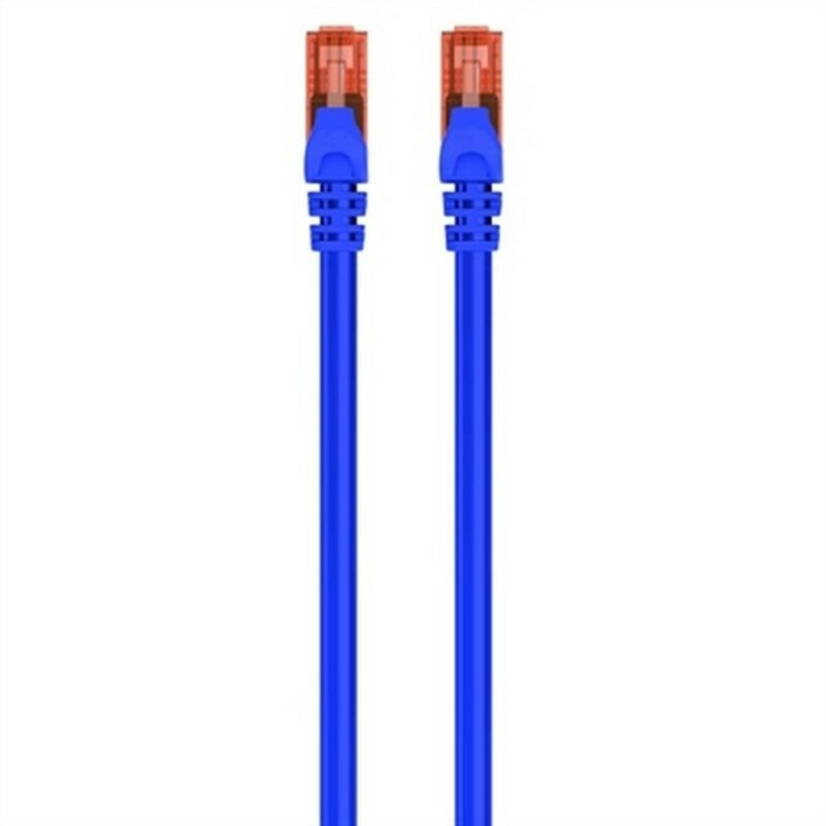 Two blue ethernet cables with orange connectors, on a white background.