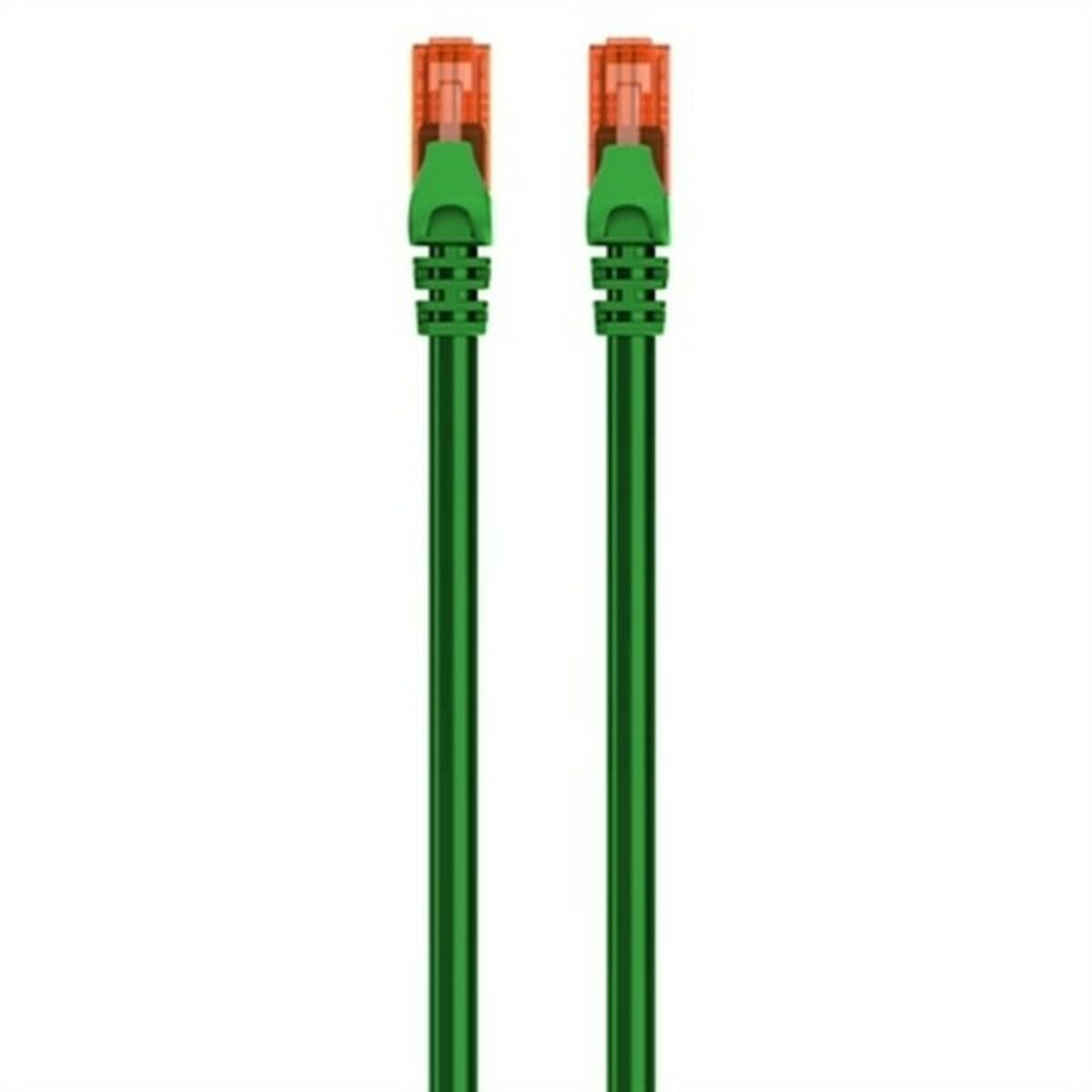 Two green Ethernet cables with orange connectors. White background.