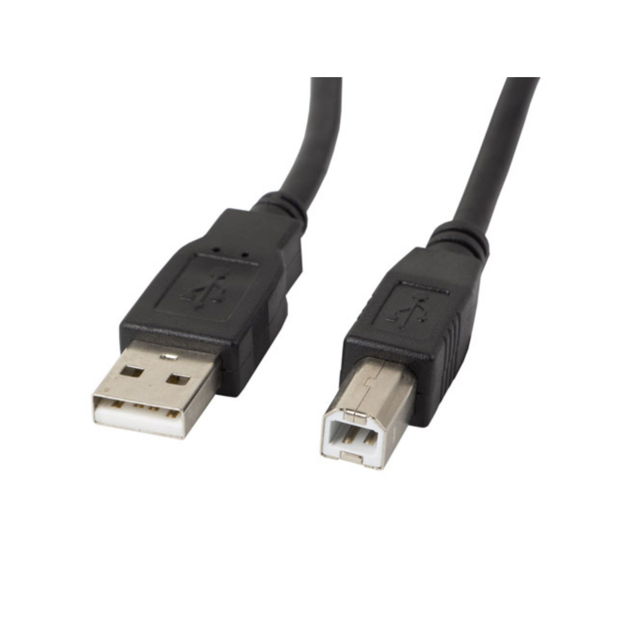 Cavo USB nero con due connettori. Sfondo bianco.