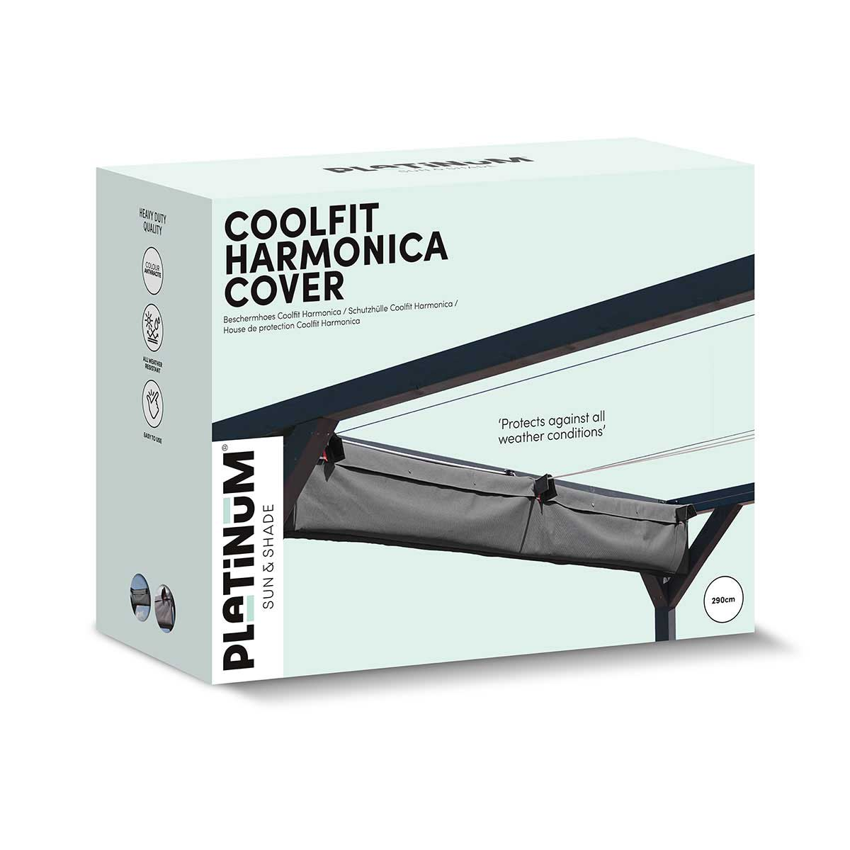 A gray box with 'COOLFIT HARMONICA COVER' and 'PLATINUM SUN & SHADE' printed on it.