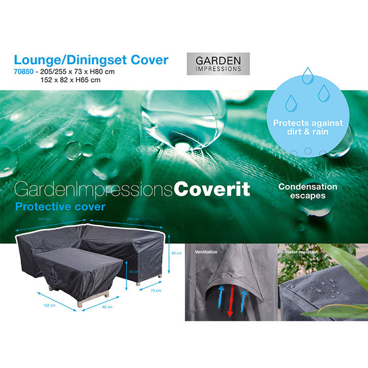 Protective cover for a lounge or dining set. Text and graphics are on the surface. White background.