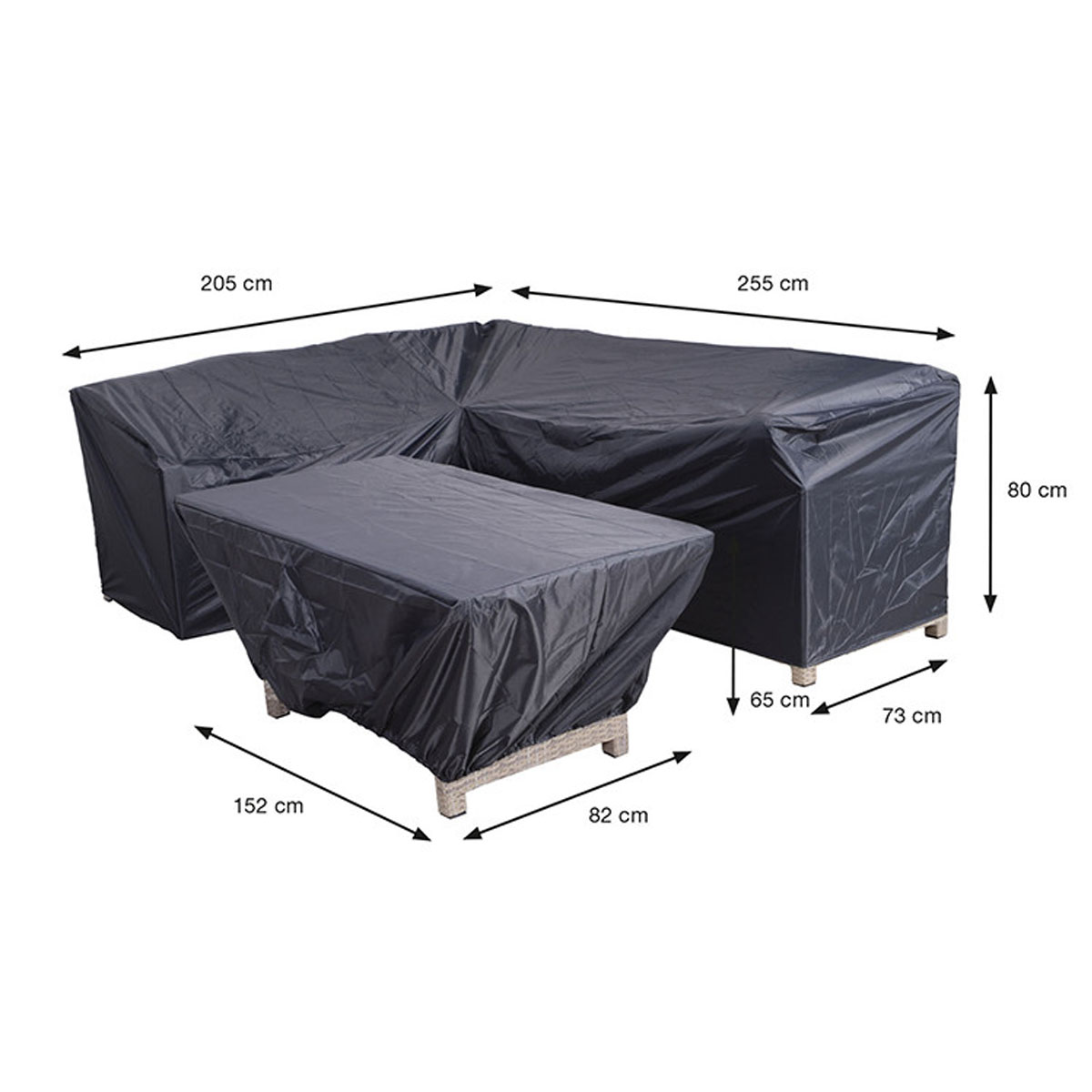 A gray outdoor sectional sofa and table set. The sofa has gray cushions and dark gray frame.