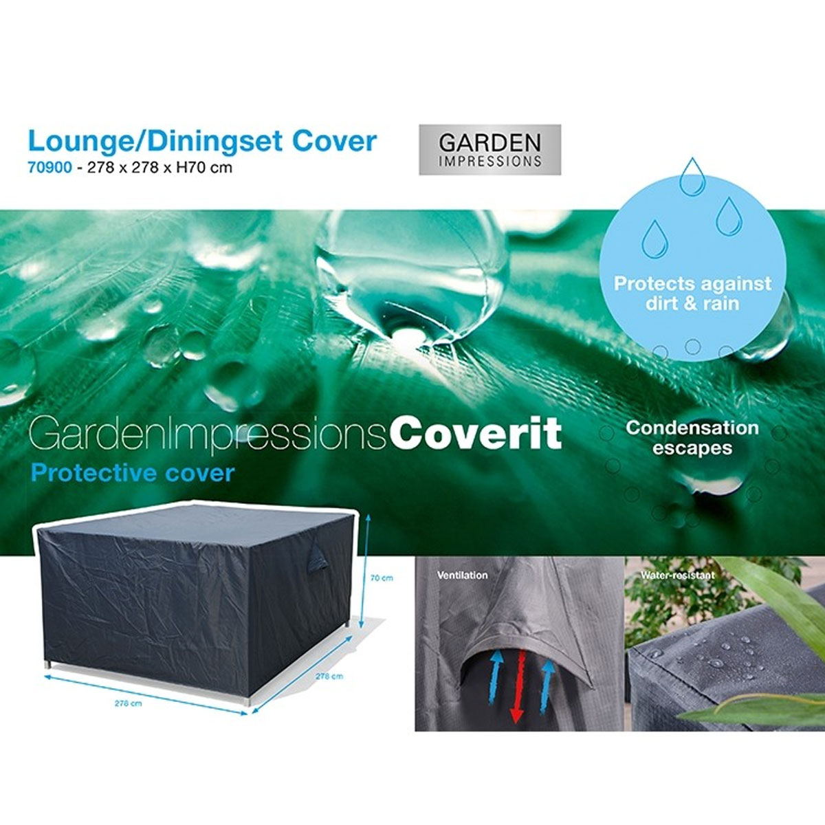 A dark cover for a garden lounge set. It protects against rain and dirt. The brand is Garden Impressions.