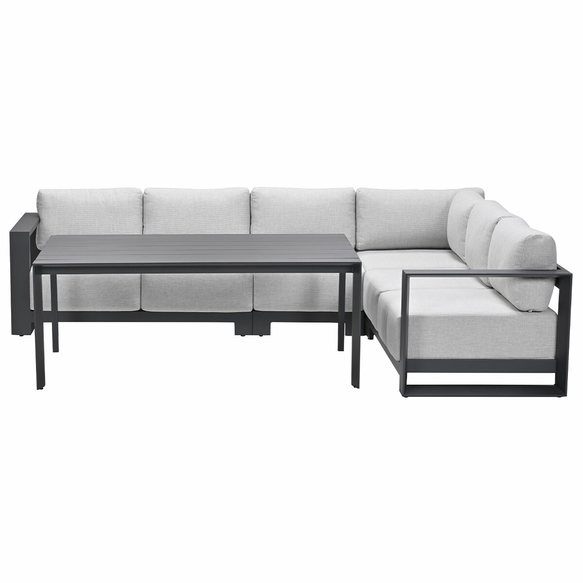 Un canapé d'angle extérieur gris moderne avec une table assortie. Le mobilier est sur fond blanc.